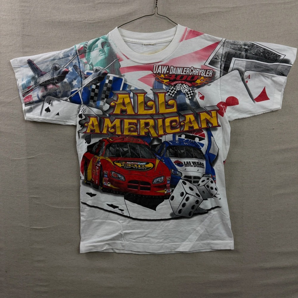NASCAR T-Shirt Unisex Small White All Over Print 2005 UAW 400 Las Vegas Racing